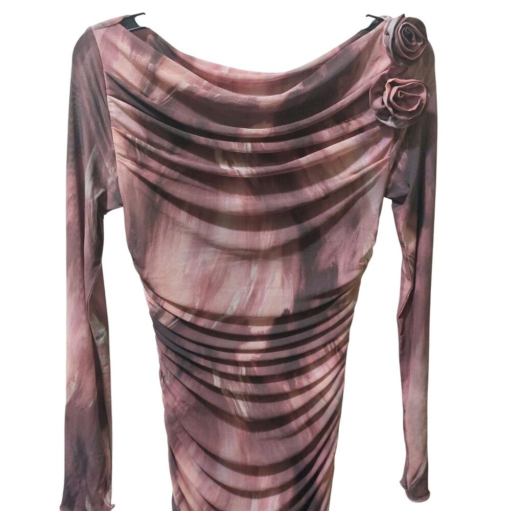 NWT Commense Women's Pink/Mauve Long Sleeve Ruched Mesh Dress W/ Rosette's Large - Picture 11 of 12